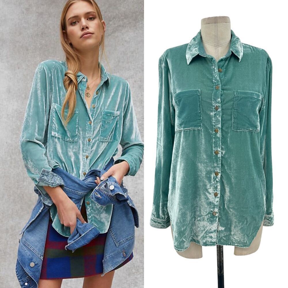 Anthropologie Pilcro Mara Relaxed‎ Velvet Buttondown Top Teal Blue Size US 2